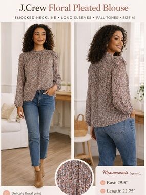 J.Crew Floral Pleated Blouse Smocked Neck Boho Long Sleeve Size M